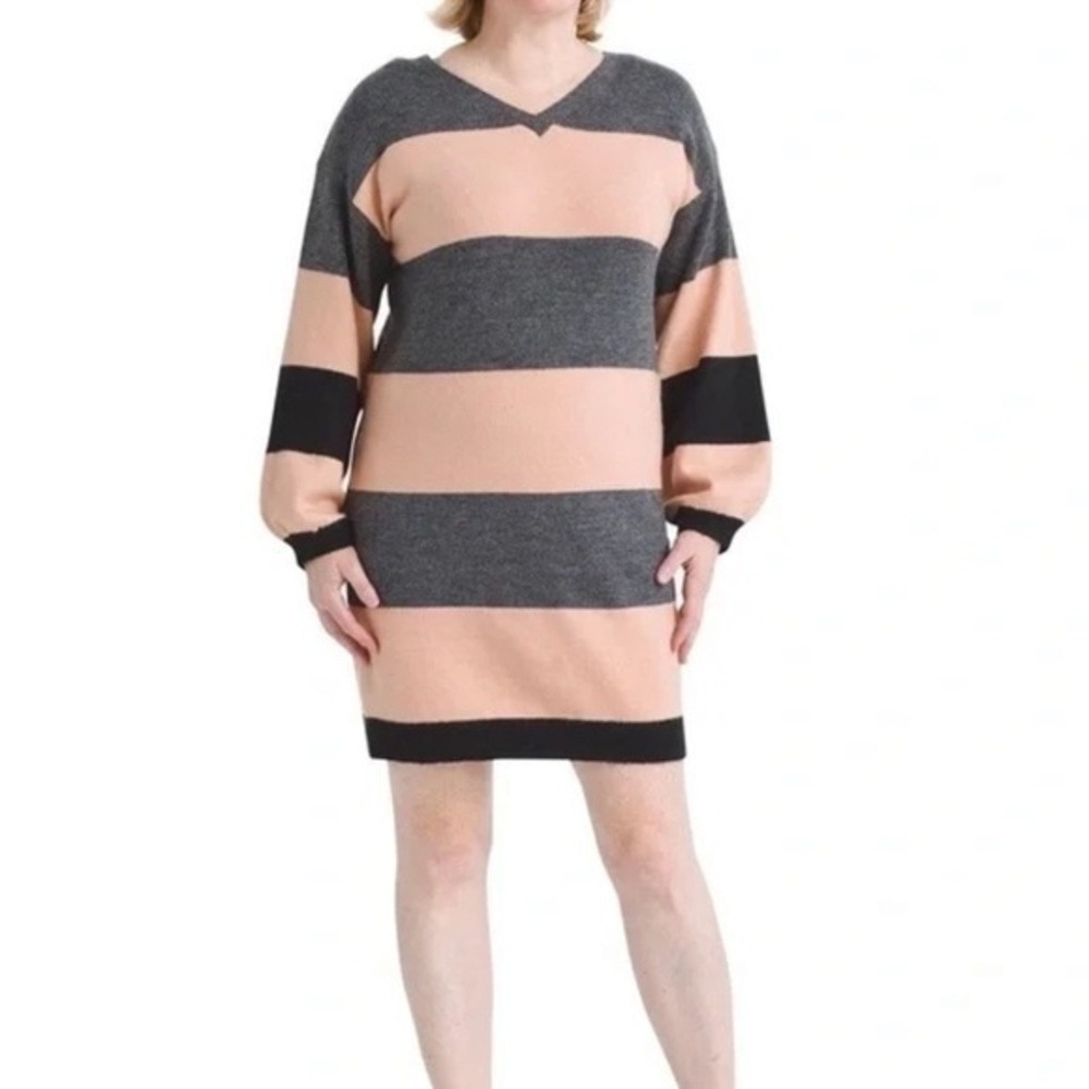 Andree by Unit Canal Ride Stripe Pink Gray Small Long Sleeve Mini Sweater Dress